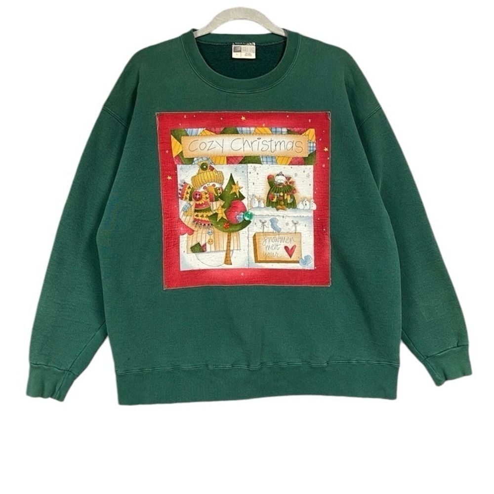 Vintage Cheetah Christmas Sweatshirt Unisex Size Large Green Snowman